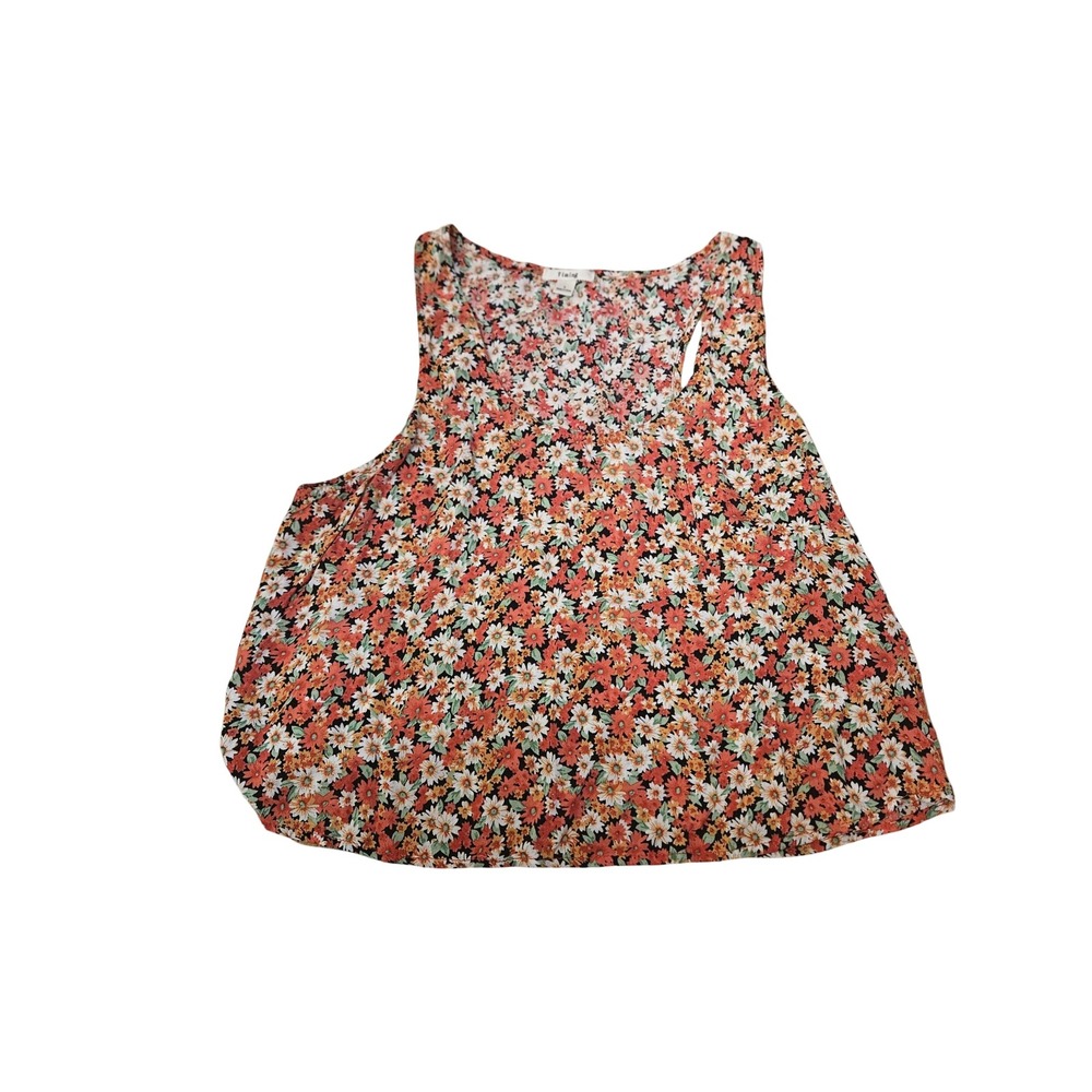 Timing Womens Floral Daisy Print Tank Top Orange White Sleeveless Scoop Neck L